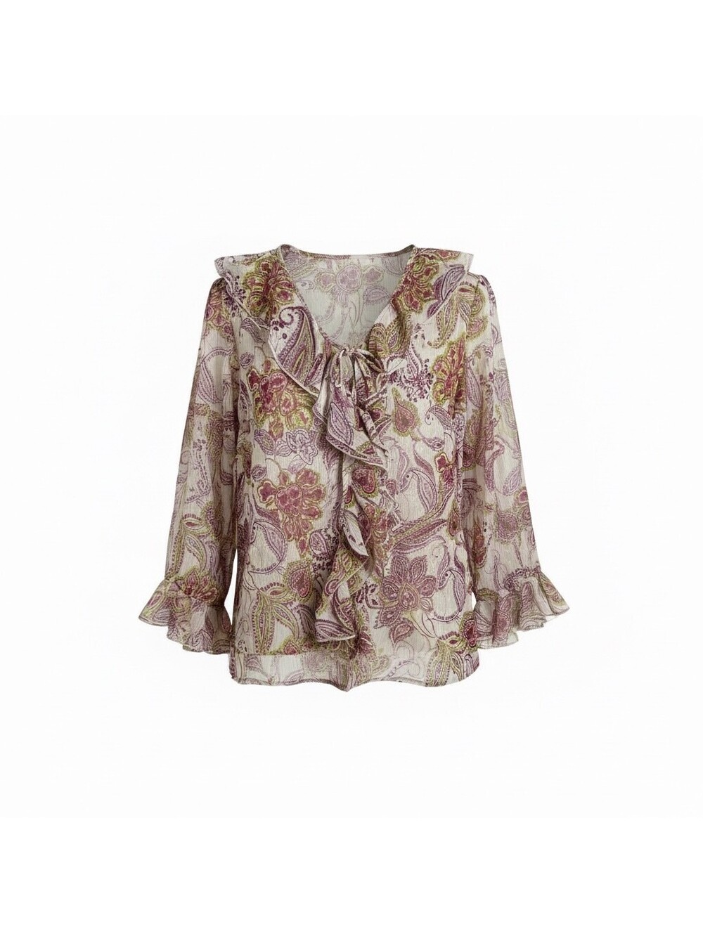 Zara Stockholm Style Viral Paisley Floral Ruffle Blouse Tie Neck Bell Sleeves
